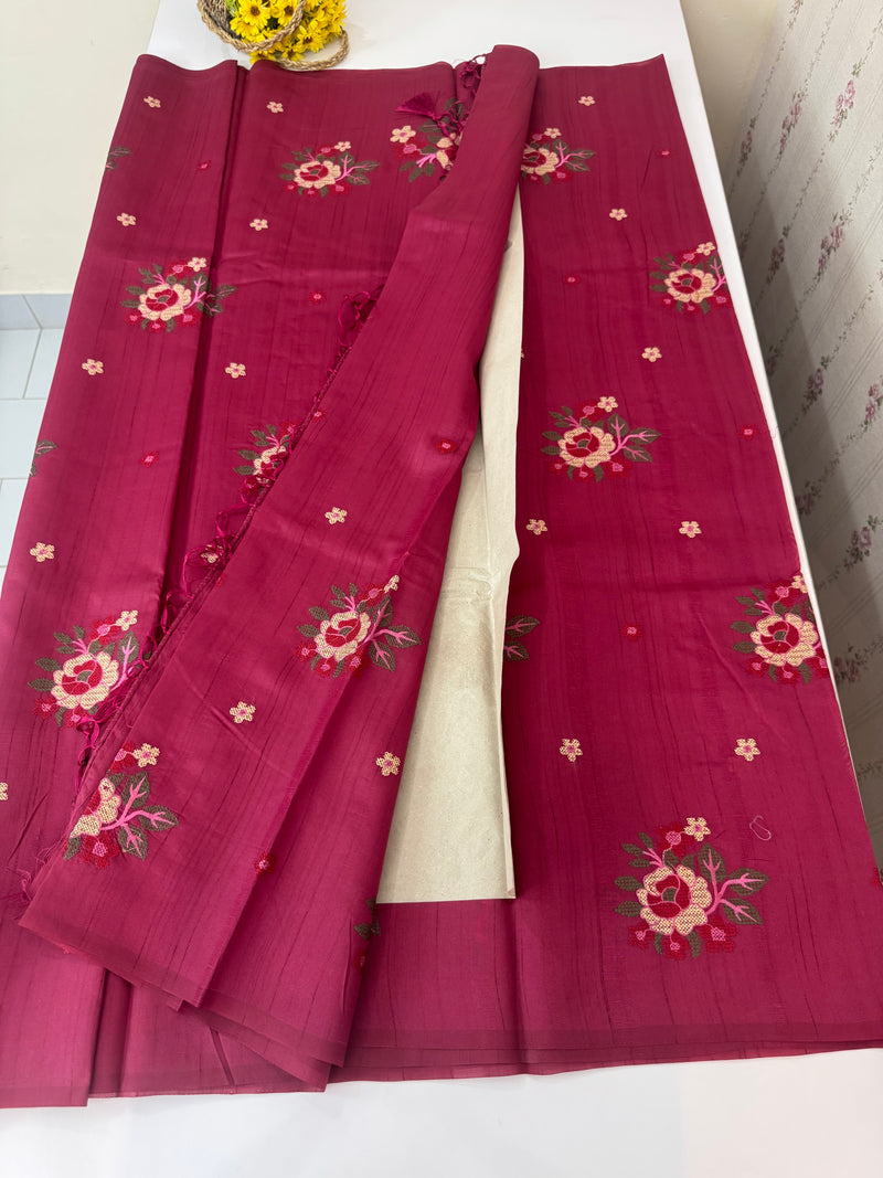 Blended matka tussar silk saree with embroidery - MS90654 Cranberry