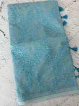Moonga checks saree with embroidery MSH219 Blue