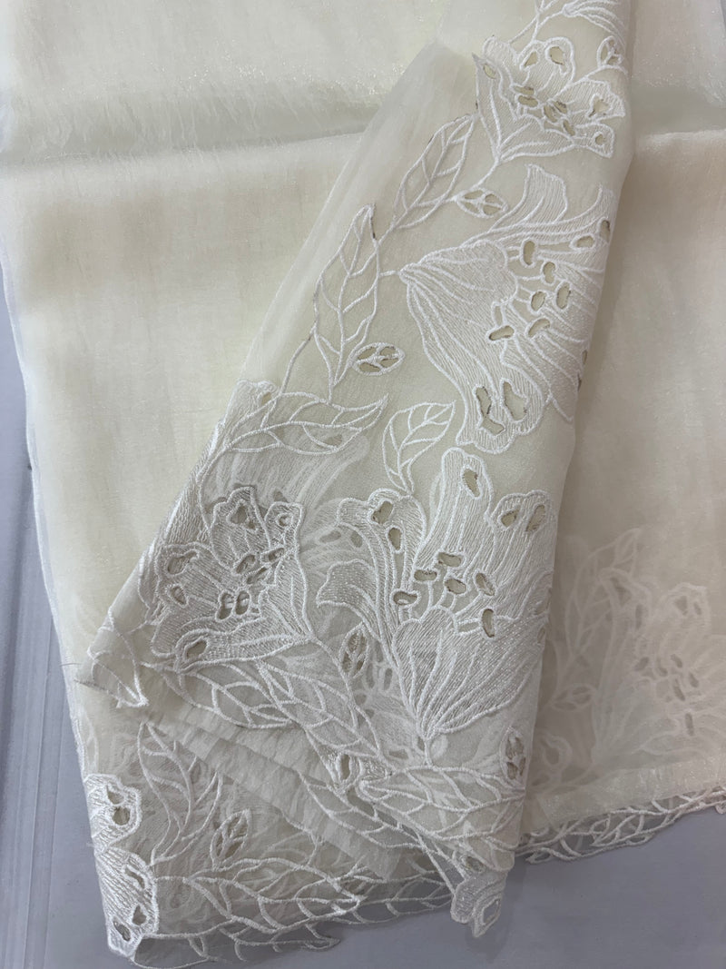 Tissue Organza cutwork sarees FBLK154 Offwhite