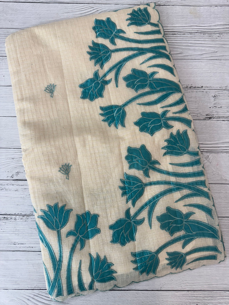 Jute Linen Applique work saree  -MSH128 Offwhite to Blue