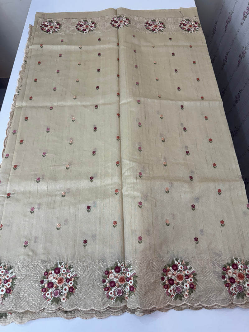Blended tussar silk saree with embriodery - MSS564 - Beige