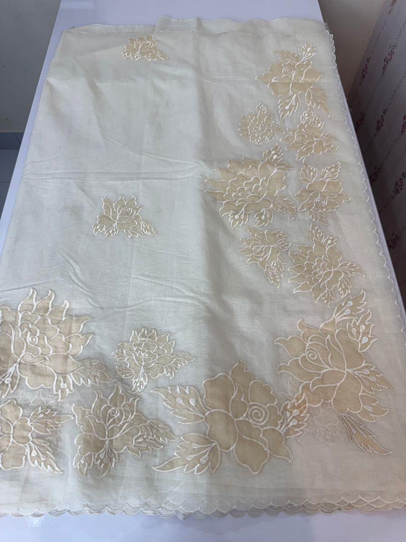 Mul chanderi applique work saree  MSH115 - Offwhite to Beige