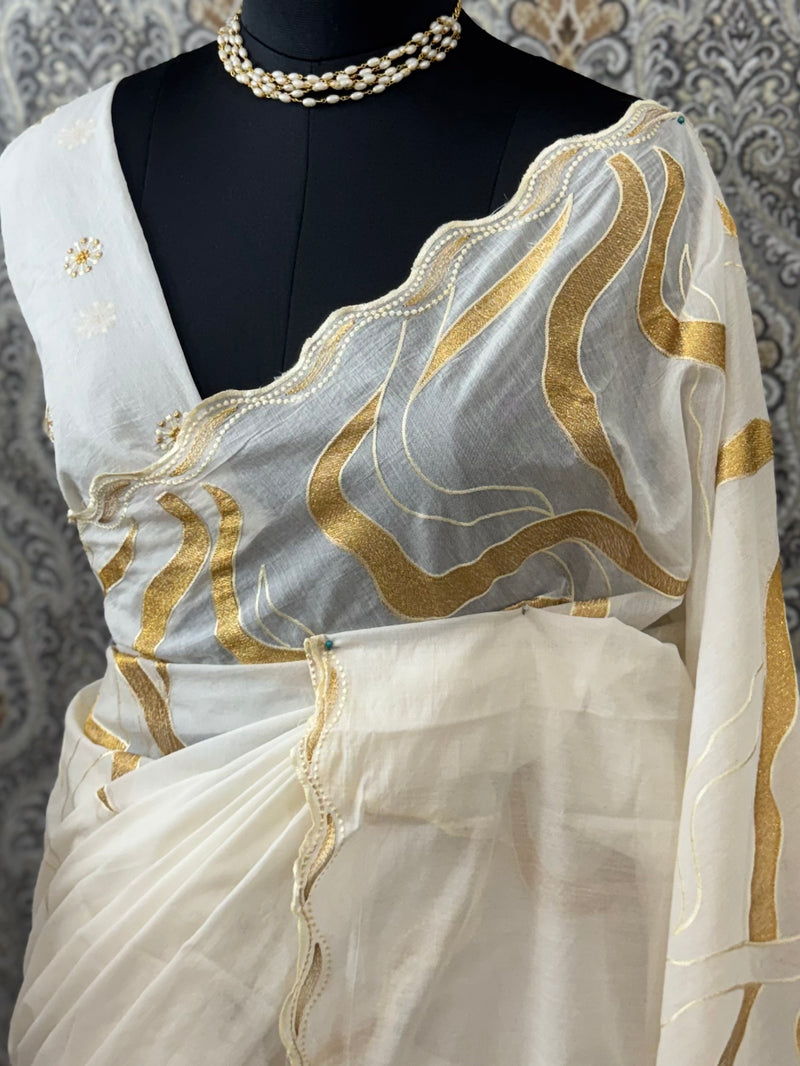 Mul chanderi embriodery saree with scalloped borders MCBS654
