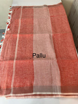 Linen cotton saree with stripes MLS67 - Peach and White
