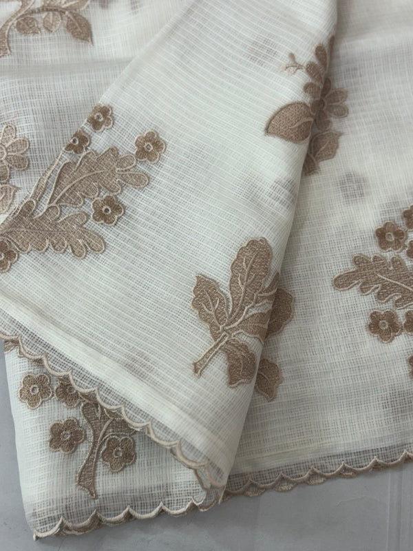 Soft kota silk saree with applique embroidery and scalloped border MS15232- Offwhite