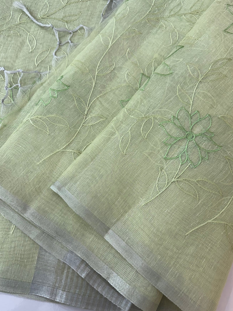 Tissue Linen Saree with embroidery MRS786- Pastel PistaGreen