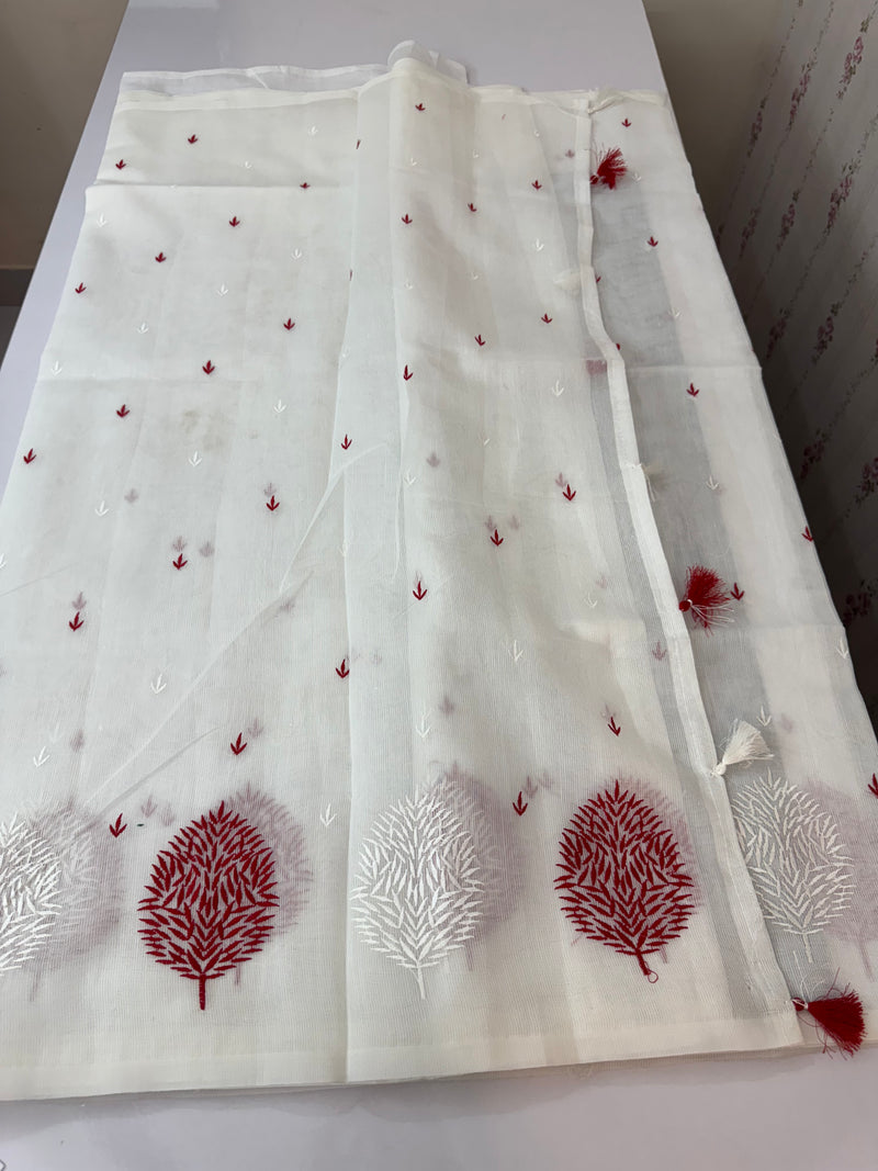 Supernet saree with embroidery MCJ875 white & Red