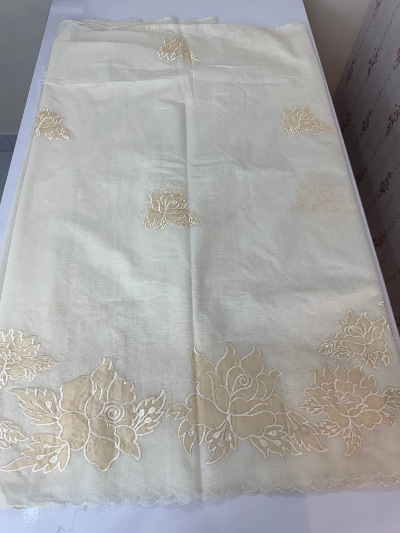 Mul chanderi applique work saree  MSH115 - Offwhite to Beige