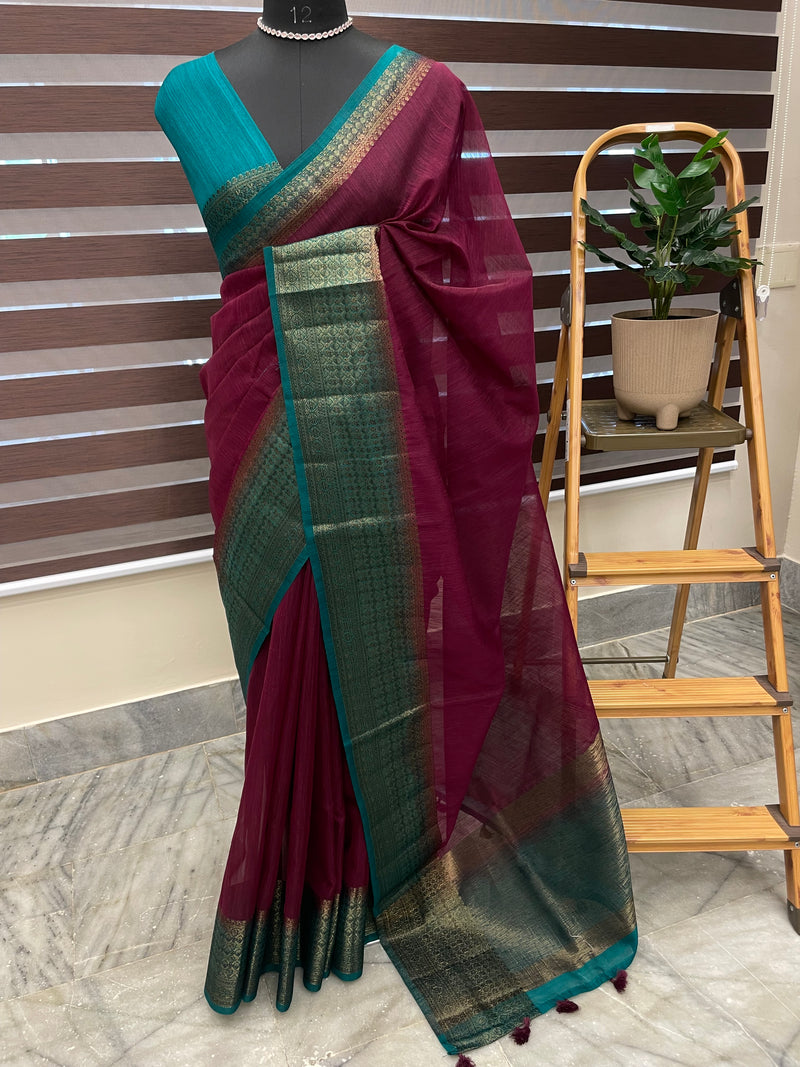 Jute silk sarees with contrast pallu & blouse MJL329 Wine to TealGreen