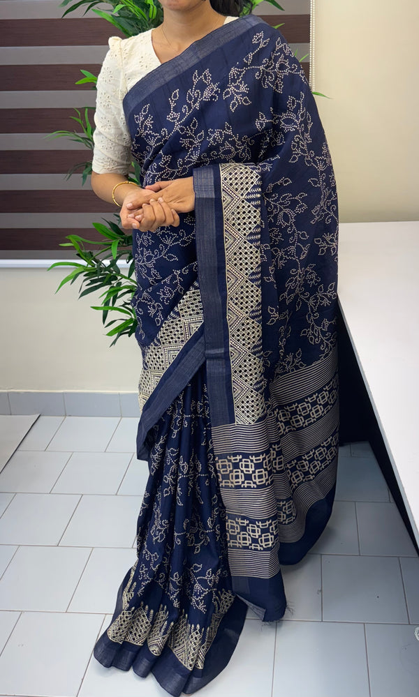 Blended Bandhani tussar silk saree with cutwork MTBF313 DarkBlue