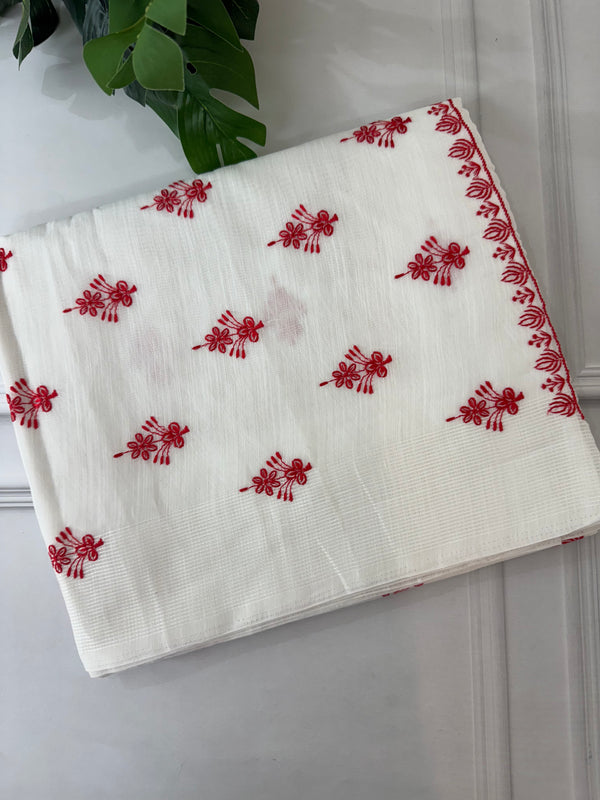 Slub cotton embroidery saree MSCB654 White & Red