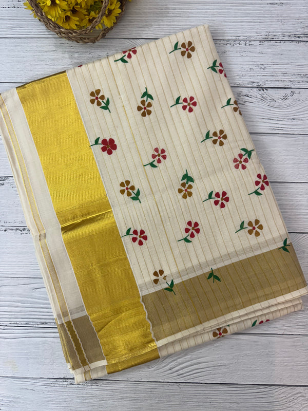 Kerala cotton saree - Red flowers