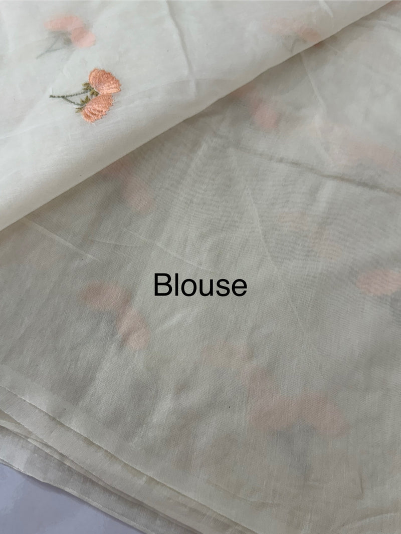 Mul chanderi saree with embriodery MSH114- Peach flowers