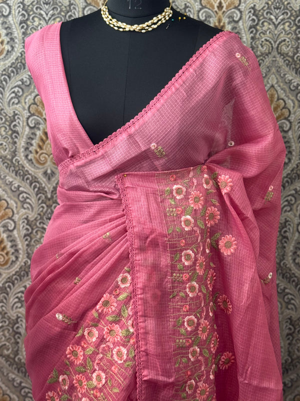 Soft kota checks saree with embroidery SVPSNM Pink