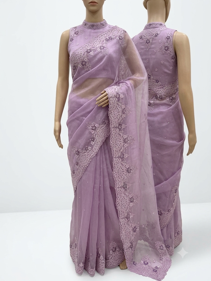 Cutwork Glass organza saree with Blouse MOS453 Lavender