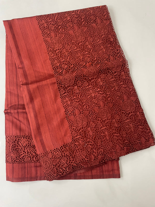 Crepe semi tussar saree with heavy Cutwork on pallu - MSS651 BRICK