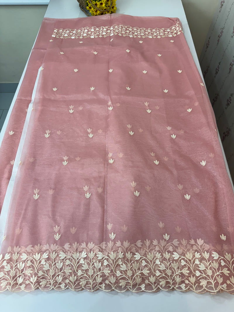 Glassy tissue organza saree with embroidery FKSF88- PeachPink