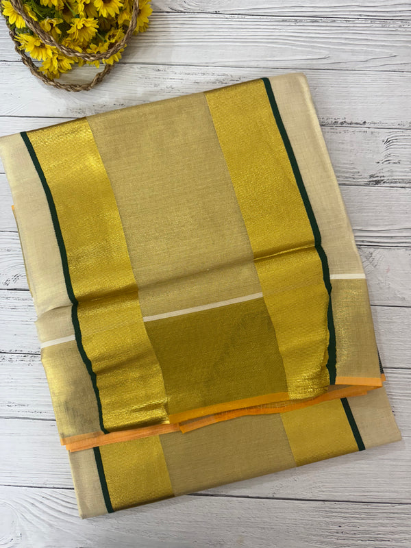 Kerala gold tissue saree with temple border - Green