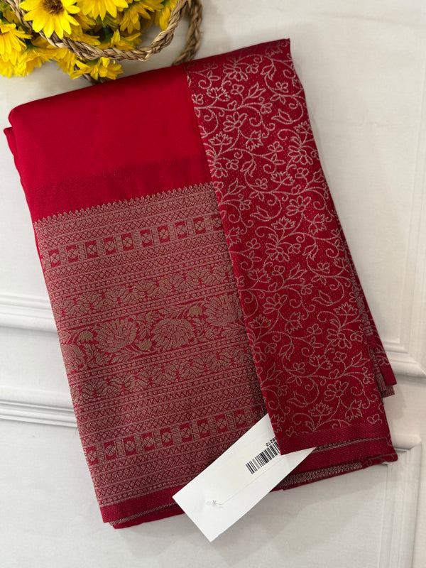 Crepe chiffon saree with brocade blouse - MS1134 Red