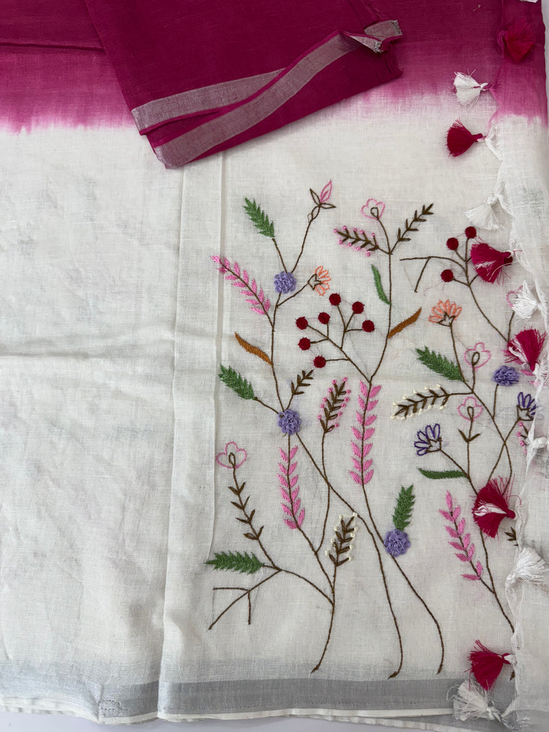 Linen blend Saree with hand embriodery MLS611