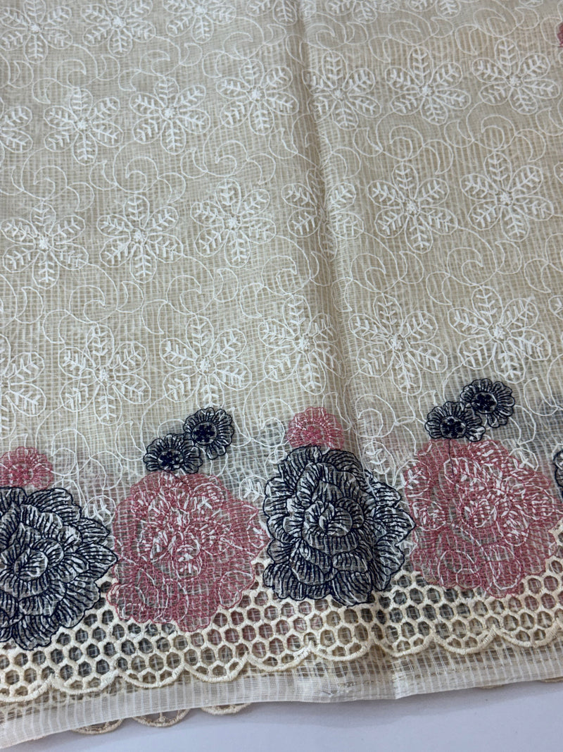 Cutwork Phulkari NetKota Embroidery saree - OffWhite