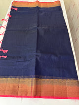 Jute silk sarees with contrast pallu & blouse MJL396 DarkBlue to Peach