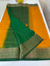 Jute silk sarees with contrast pallu & blouse MJL324 - Mustard to Green