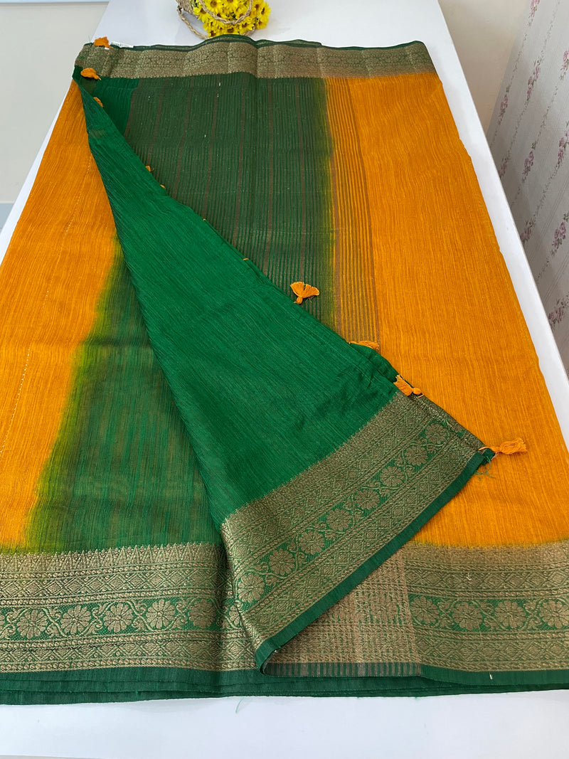 Jute silk sarees with contrast pallu & blouse MJL324 - Mustard to Green