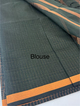 Mangalagiri Silk Cotton Saree with zari checks MS90321 - Dark Green(mix of black)