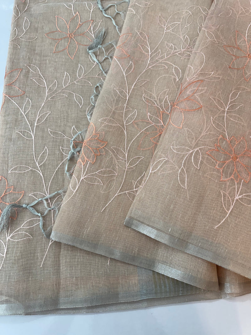 Tissue Linen Saree with embroidery MRS786 - Pastel peach