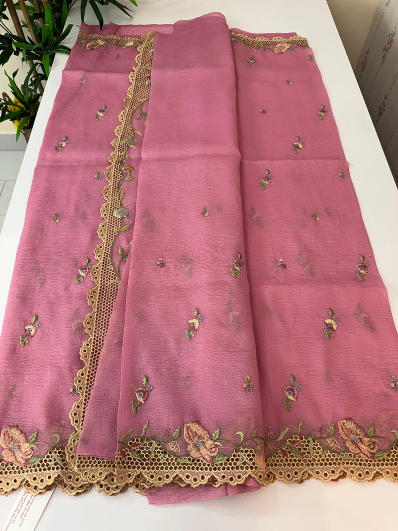 Crush Georgette-Organza cutwork & embroidery saree  MS8501 - BISCCNYY Pink