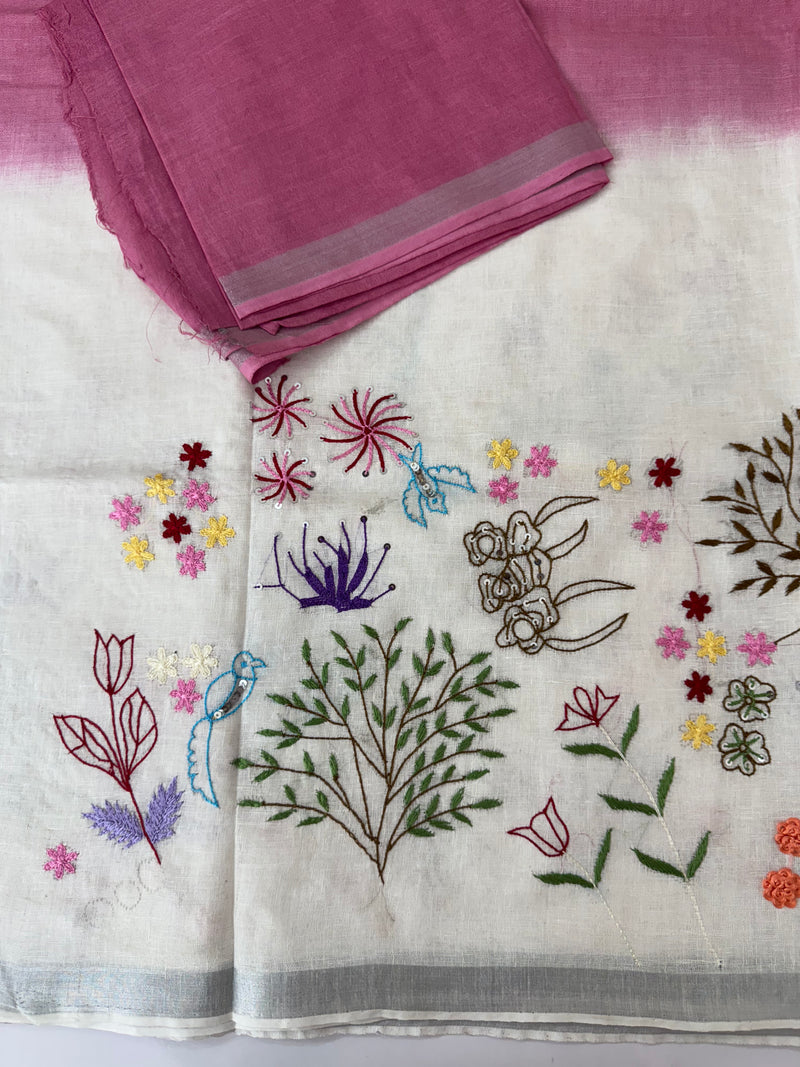 Linen blend Saree with hand embriodery MLS611