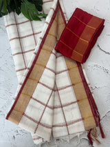 Linen big checks saree with zari border MLS9767- Cream & MaroonRed