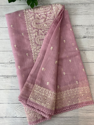 Semi linen saree with chikanakari embroidery- MS15086 Pastel OnionPink