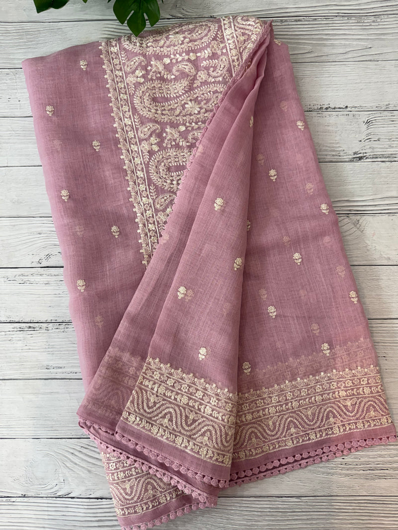Semi linen saree with chikanakari embroidery- MS15086 PastelPink
