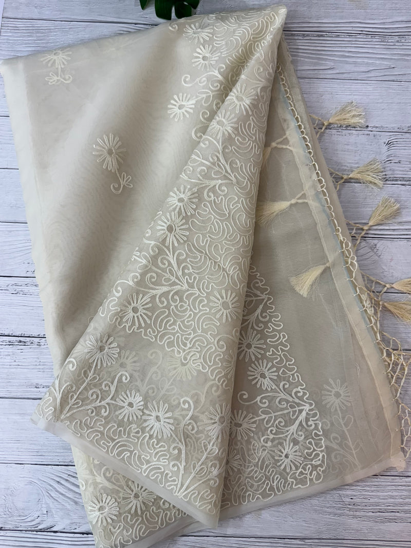 Semi organza saree with lace embroidery MSH117- Ivory