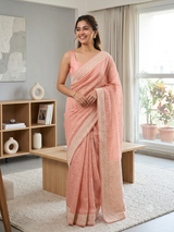 Semi linen saree with chikanakari embroidery- MS15086 PastelPeach