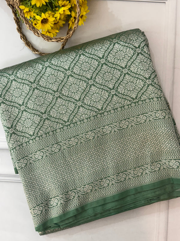 Banarasi semi katan saree in silver zari SHKNRIM -DuskyGreen