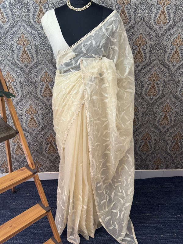 Chanderi tissue silk saree with embroidery work MS5541- Beige