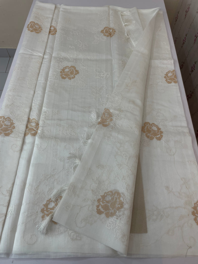 Blended Matka Tussar silk saree with cross stitch embroidery MS4899 White