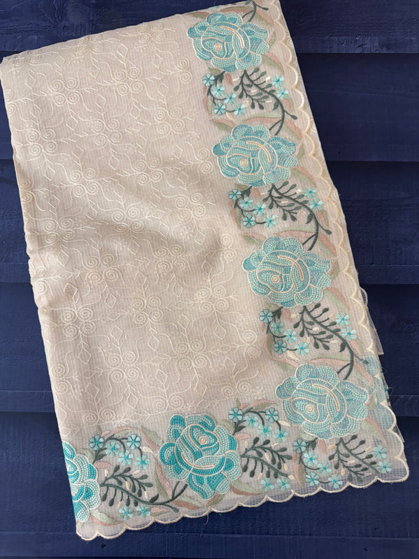 Phulkari NetKota embroidery saree - MSH107 Offwhite to Blue