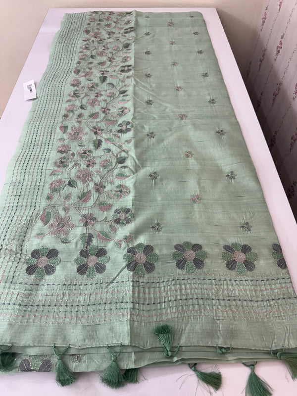 Crushed Blended tussar silk saree with embroidery- SNFCYEY PastelMintGreen