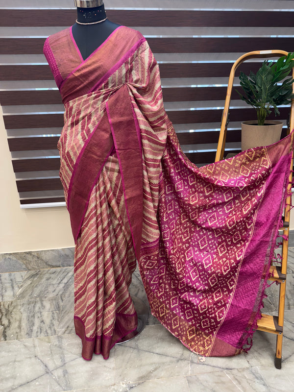 Pure tussar silk saree with knotted embroidery & zari border- MTSS659