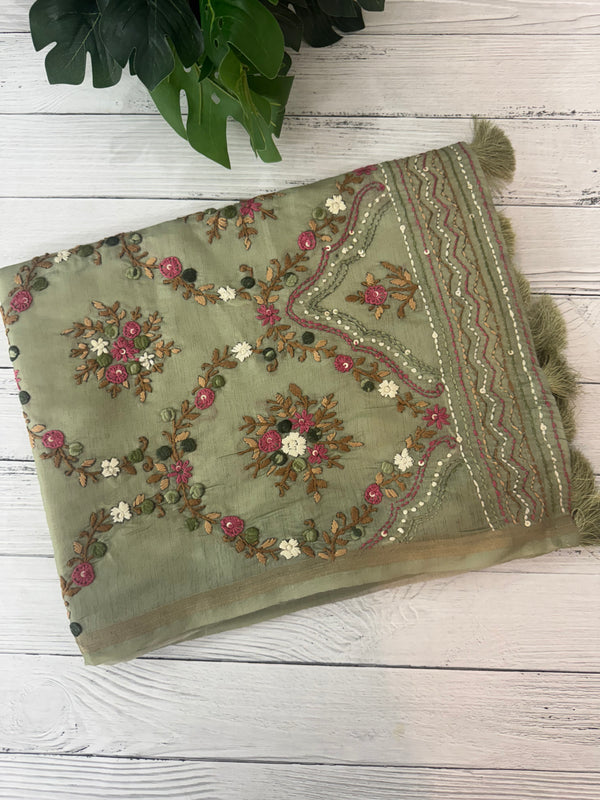 Kosa Tussar silk saree with hand embriodery - MS8199 DuskyGreen
