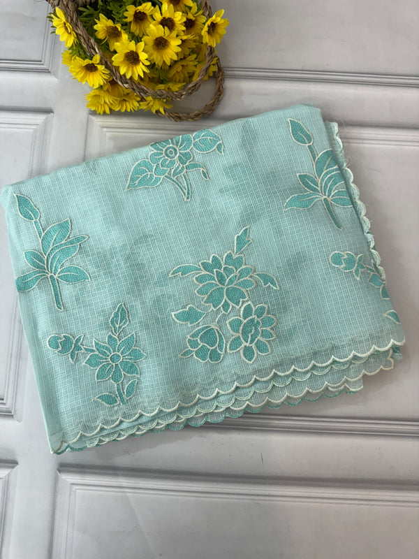 Soft kota silk saree with applique embroidery and scalloped border MS15232