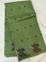 Crushed Matka Blended Tussar silk saree with embroidery MS4890- Green