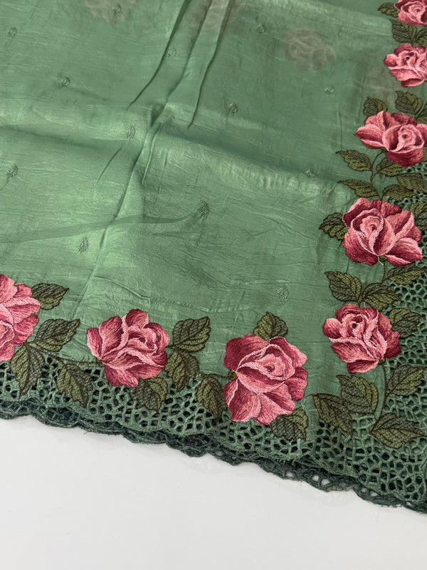 Crush Organza cutwork & embroidery saree MS7544- JadeGreen