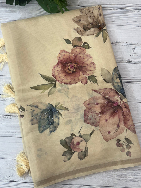 Blended tissue-tussar silk saree with french knots, sequence and bead work - MS19965