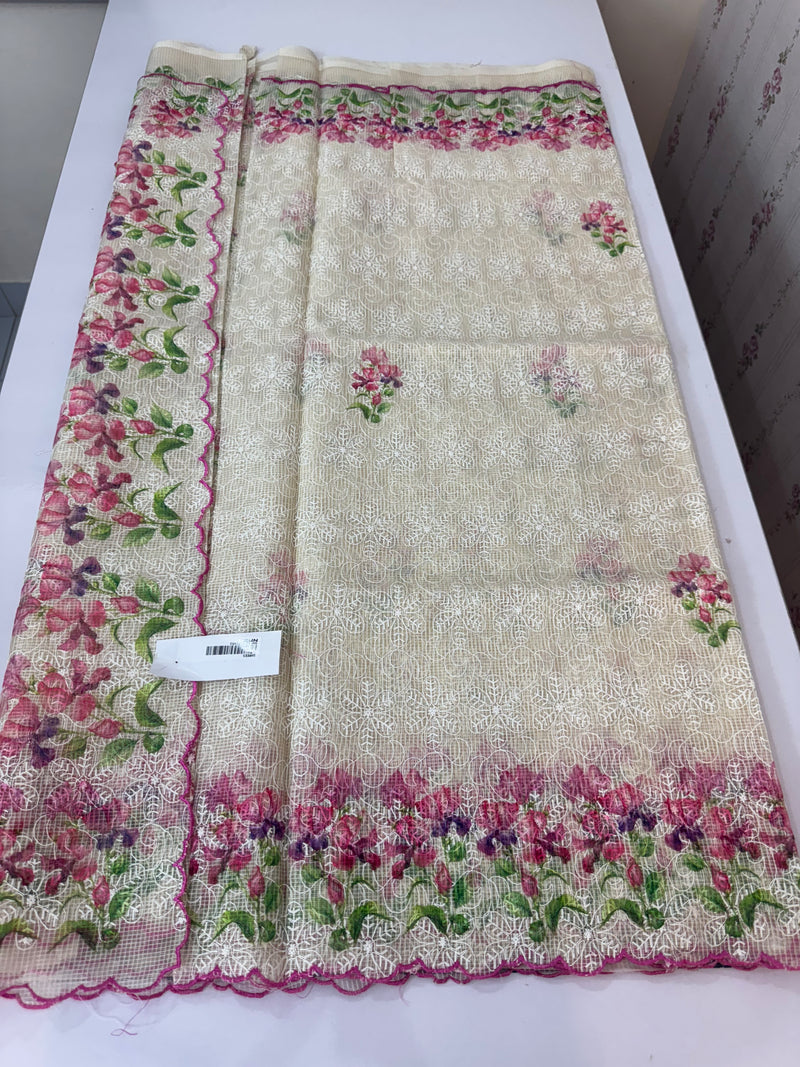 Phulkari NetKota Embroidery and digital printed saree - OffWhite MS6001