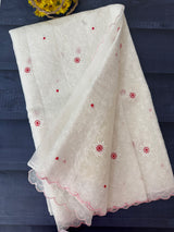 Soft organza saree with embroidery  MOS86  White & Red
